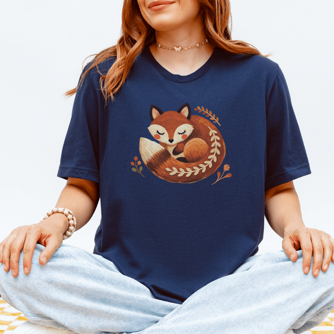 Sleeping fox folk t-shirt navy blue Bella+Canvas 3001