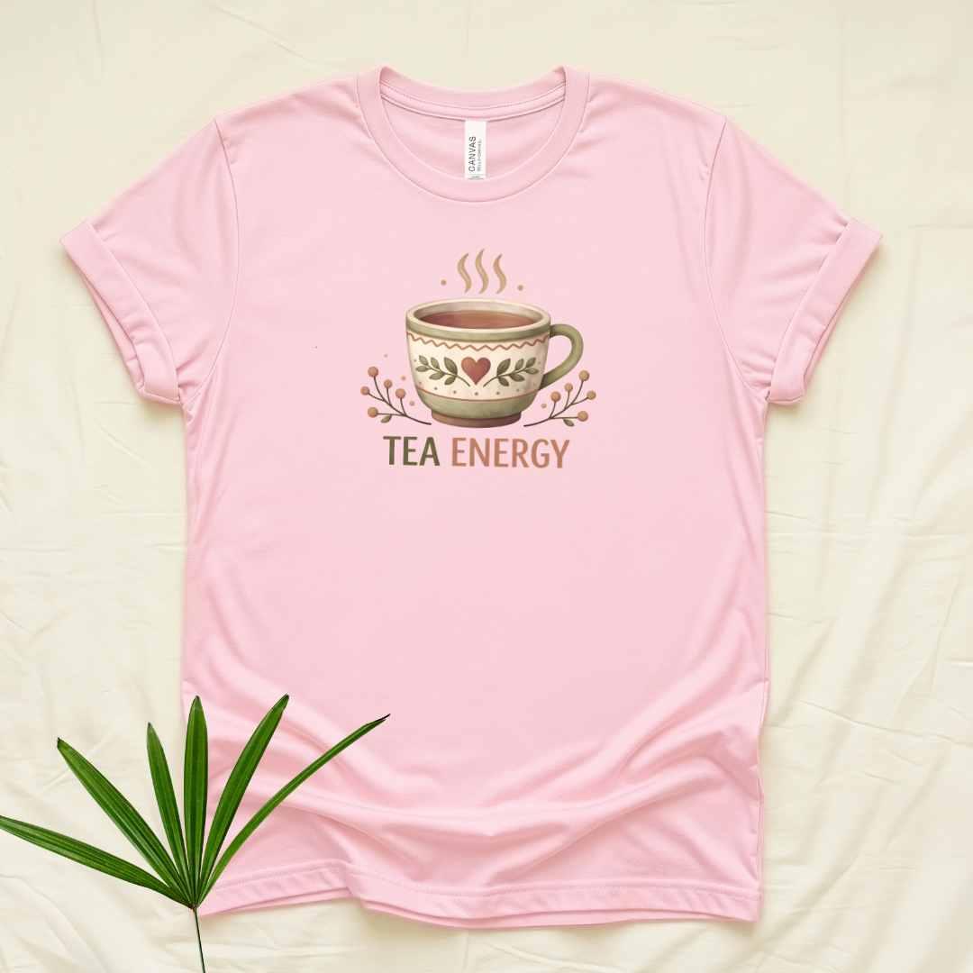 Soft pink Bella+Canvas 3001 t-shirt with Tea Energy vintage cup graphic