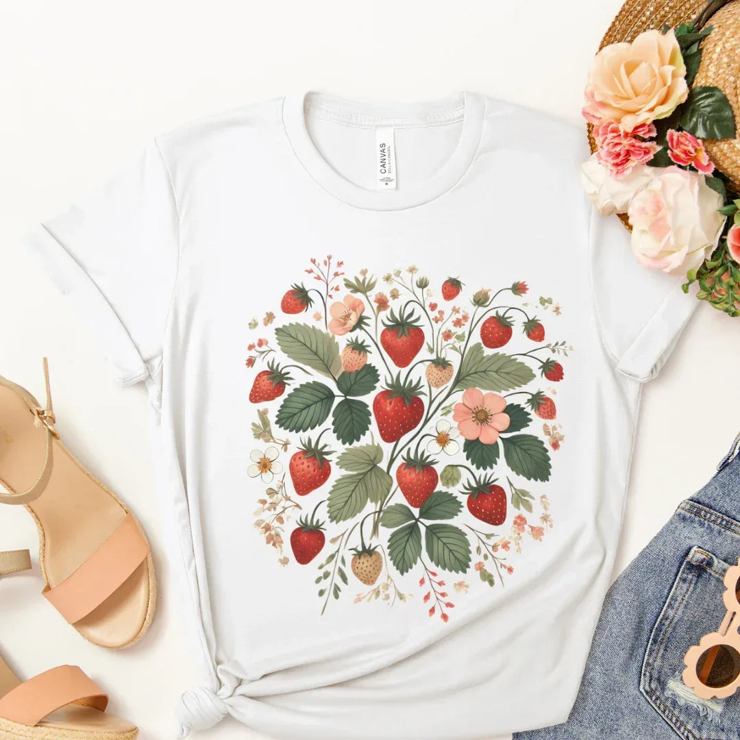 Soft pink strawberry floral t-shirt — folk art nature lover graphic tee by The Folk Brush