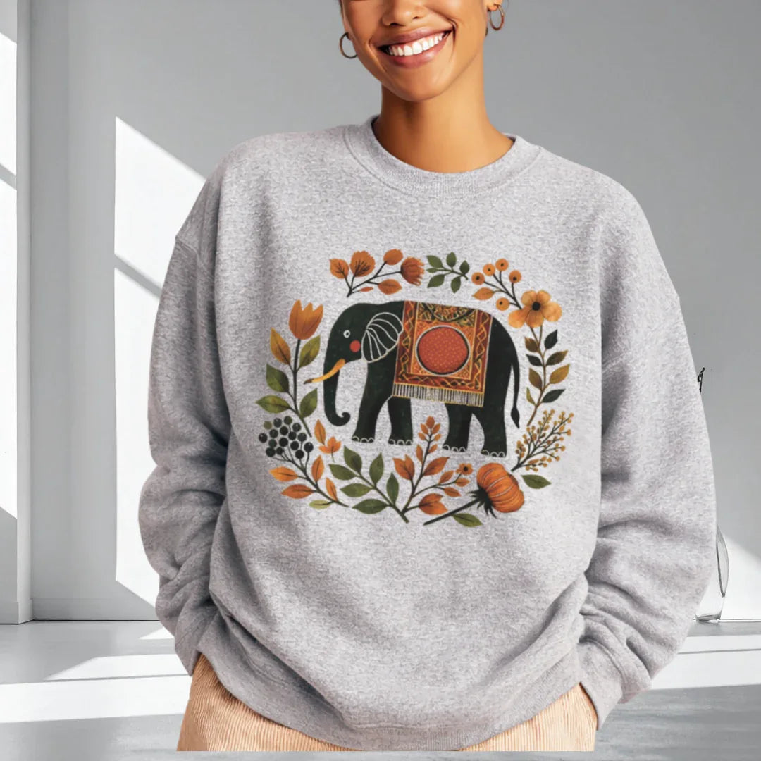 Sport grey Gildan 18000 crewneck sweatshirt with folk elephant and wildflower illustration