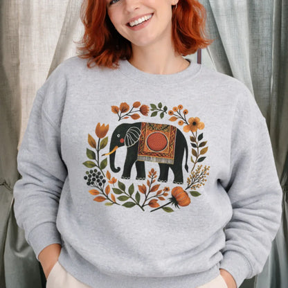 Sport grey Gildan 18000 sweatshirt with elephant and floral wreath design in warm earth tones