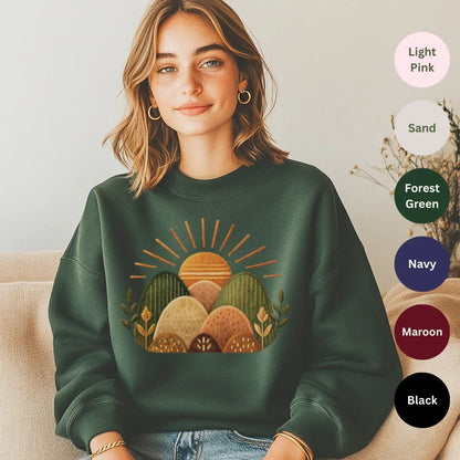 Sunrise Hills Crewneck Sweatshirt — color options Light Pink, Sand, Forest Green, Maroon, Navy, Black — Gildan 18000