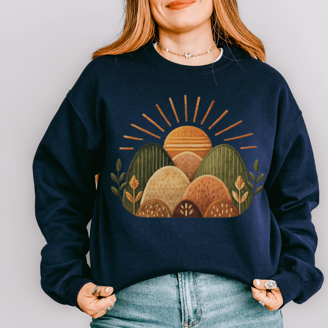 Sunrise Hills Crewneck Sweatshirt in Navy — folk art hills and sun crewneck sweatshirt