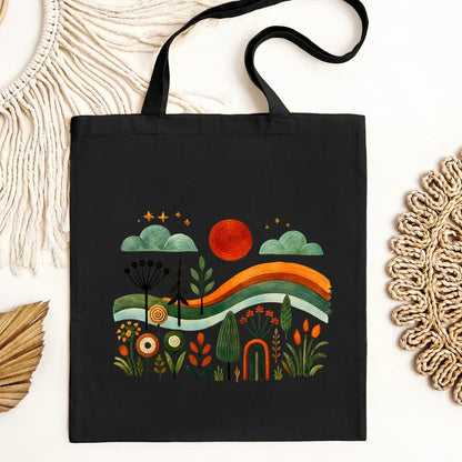 Sunset Garden Canvas Tote Bag in Black — folk tales tote with sunset and garden folk art print