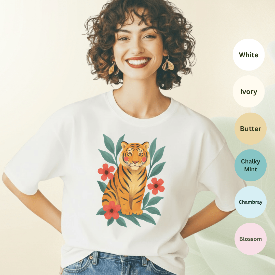 Tiger & Flowers Vintage Tee — color options White, Ivory, Butter, Bay, Chalky Mint, Chambray, Blossom — Comfort Colors 1717