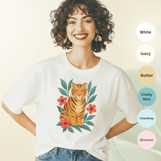 Tiger & Flowers Vintage Tee — color options White, Ivory, Butter, Bay, Chalky Mint, Chambray, Blossom — Comfort Colors 1717