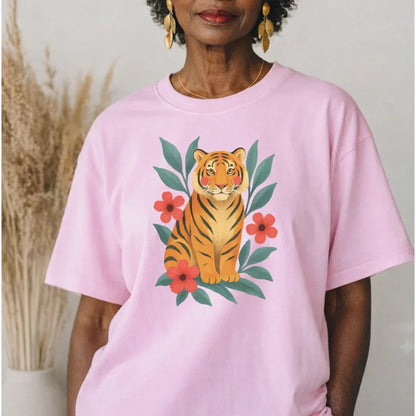 Tiger & Flowers Vintage Tee in Blossom — pink folk art tiger and flowers tee