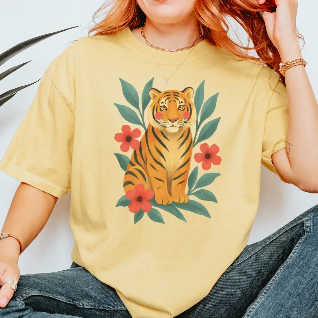 Tiger & Flowers Vintage Tee in Butter — vintage tiger and flowers folk art tee
