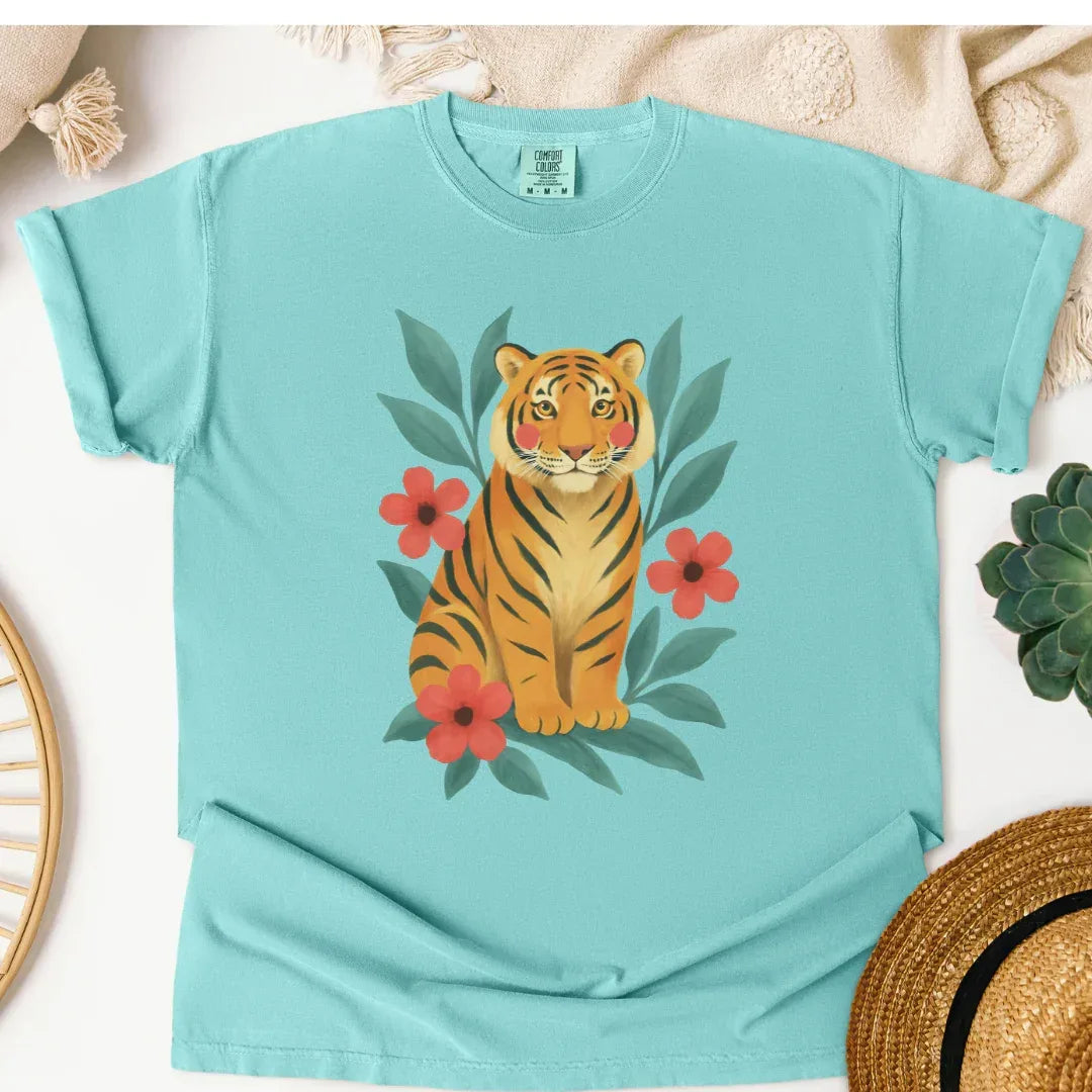 Tiger & Flowers Vintage Tee in Chalky Mint — folk tiger print lifestyle