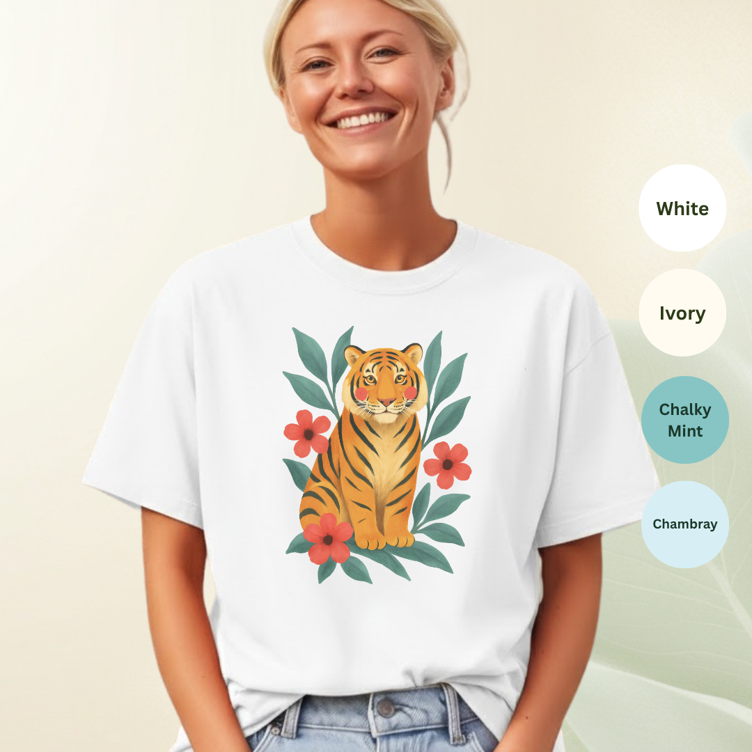 Tiger & Flowers Vintage Tee in White — folk art tiger and flowers print by The Folk Brush