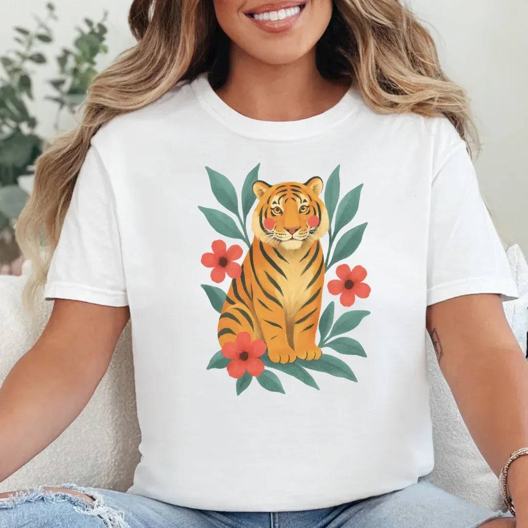 Tiger & Flowers Vintage Tee in White — folk art tiger and flowers print by The Folk Brush