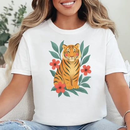 Tiger & Flowers Vintage Tee in White — folk art tiger and flowers print by The Folk Brush