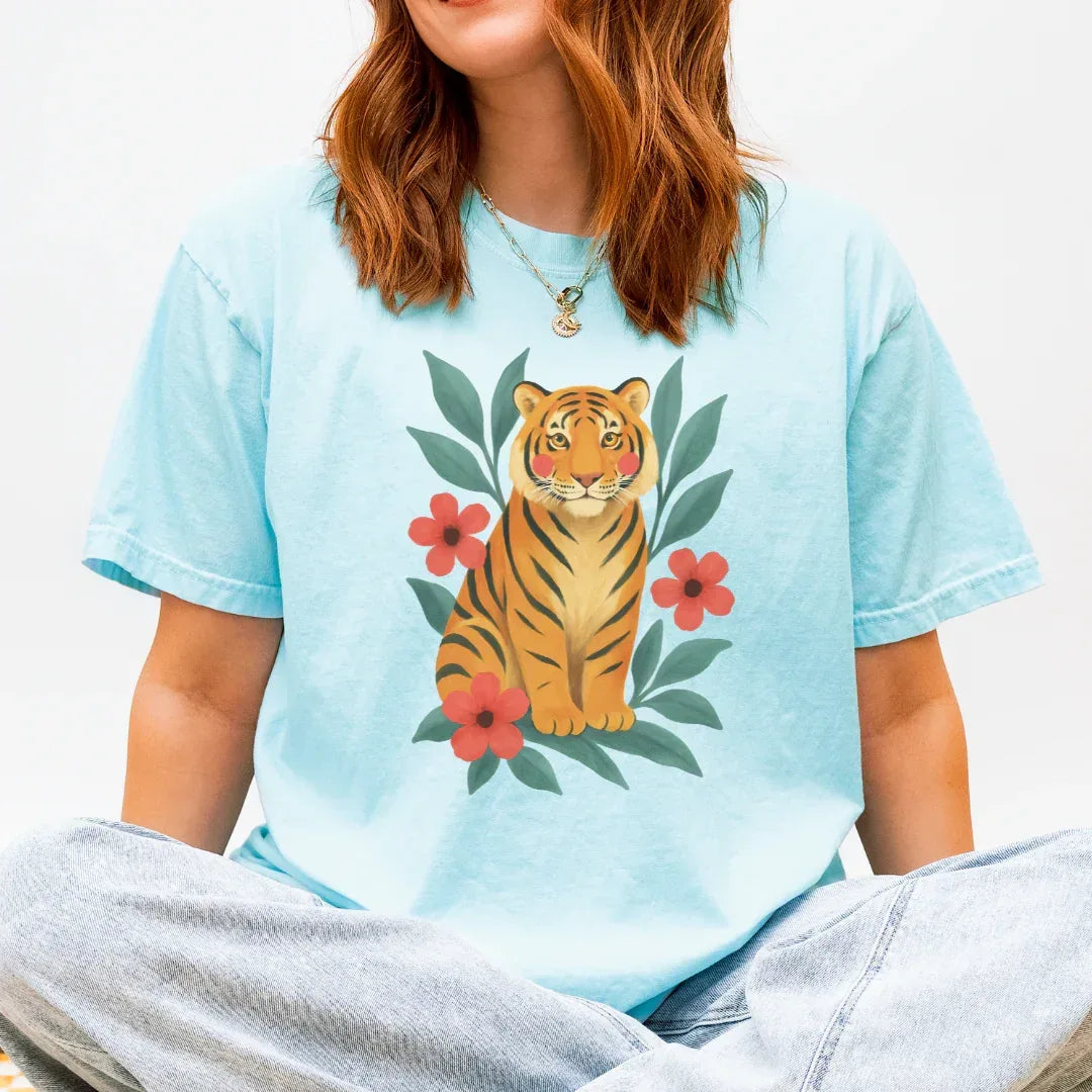 Tiger & Flowers Vintage Tee in light blue — folk tiger and floral print Comfort Colors