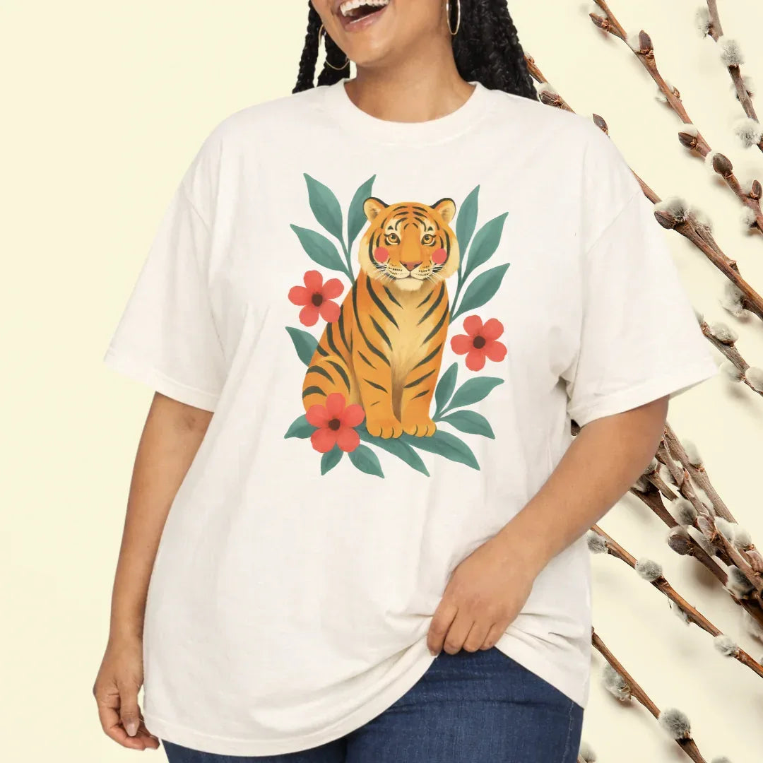 Tiger & Flowers Vintage Tee in white plus size — folk art print Comfort Colors 1717