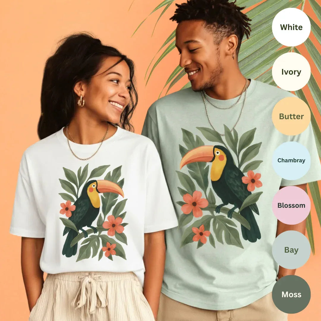 Toucan Tropical Graphic T-Shirt — color options White, Ivory, Butter, Chambray, Blossom, Bay, Moss — Comfort Colors 1717