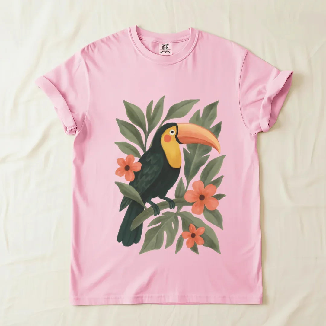 Toucan Tropical Graphic T-Shirt in Blossom — tropical toucan folk art tee by The Folk Brush