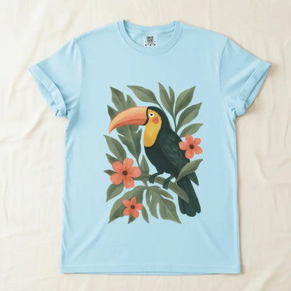 Toucan Tropical Graphic T-Shirt in Chambray — folk art toucan and coral flowers print