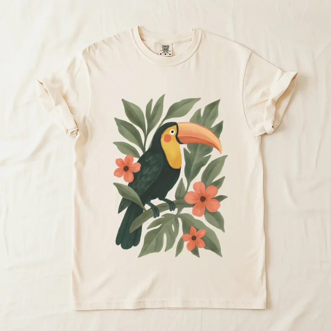 Toucan Tropical Graphic T-Shirt in Ivory — hand-painted toucan folk art print Comfort Colors 1717