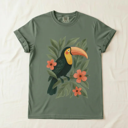 Toucan Tropical Graphic T-Shirt in Moss — hand-painted toucan tropical folk art tee