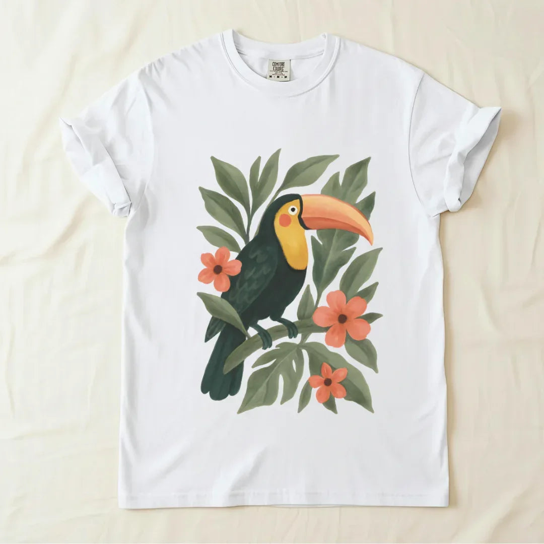 Toucan Tropical Graphic T-Shirt in White — folk art toucan and tropical flowers print