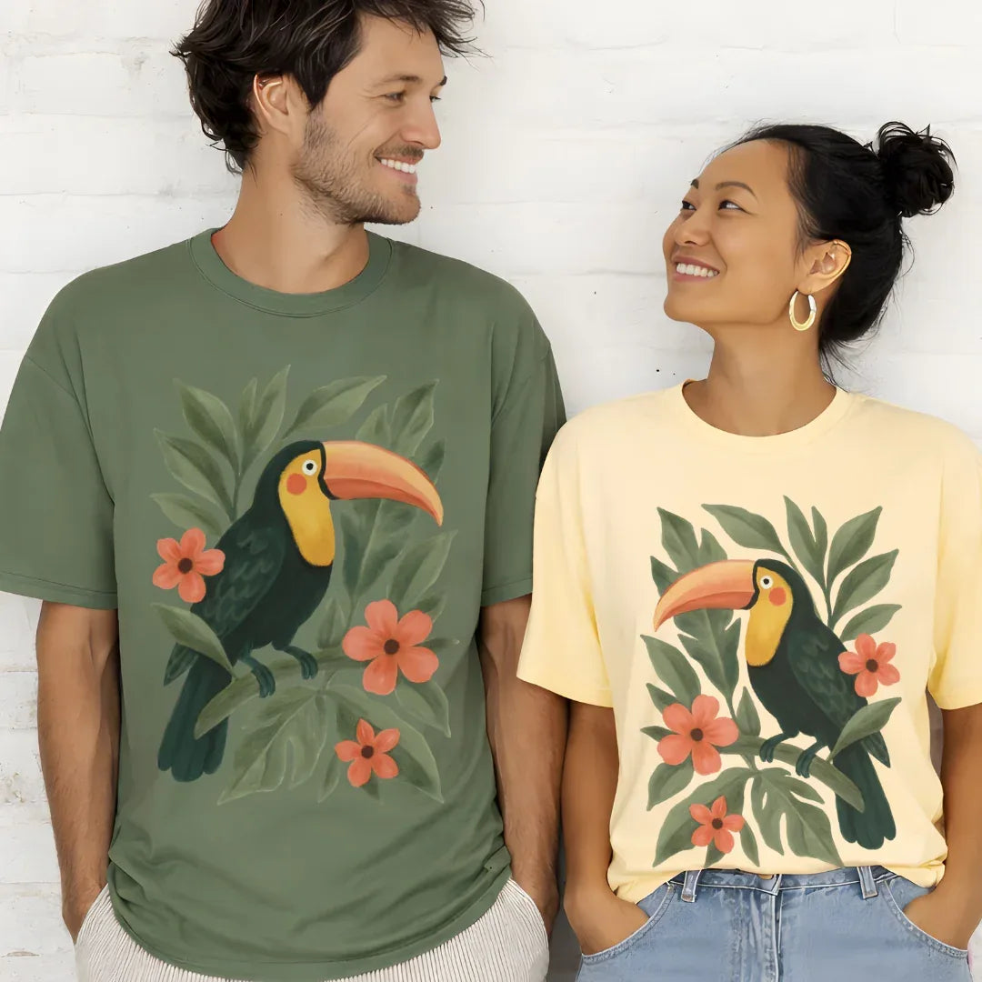 Toucan Tropical Graphic T-Shirt in butter and Moss — matching couple folk art toucan tee