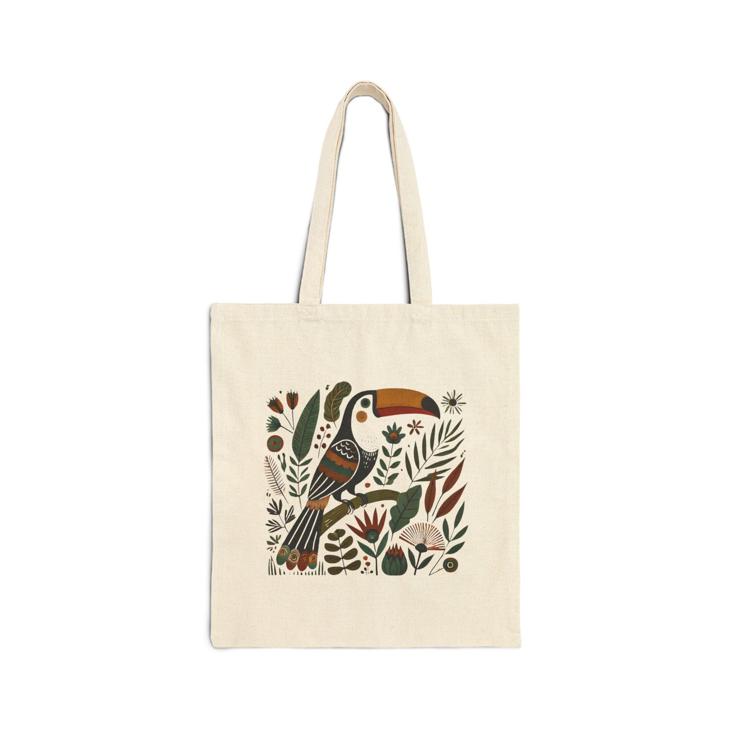 Tropical_toucan_folk_art_tote_bag_styled_in_tropical_setting_colorful_folk_art_canvas_bag