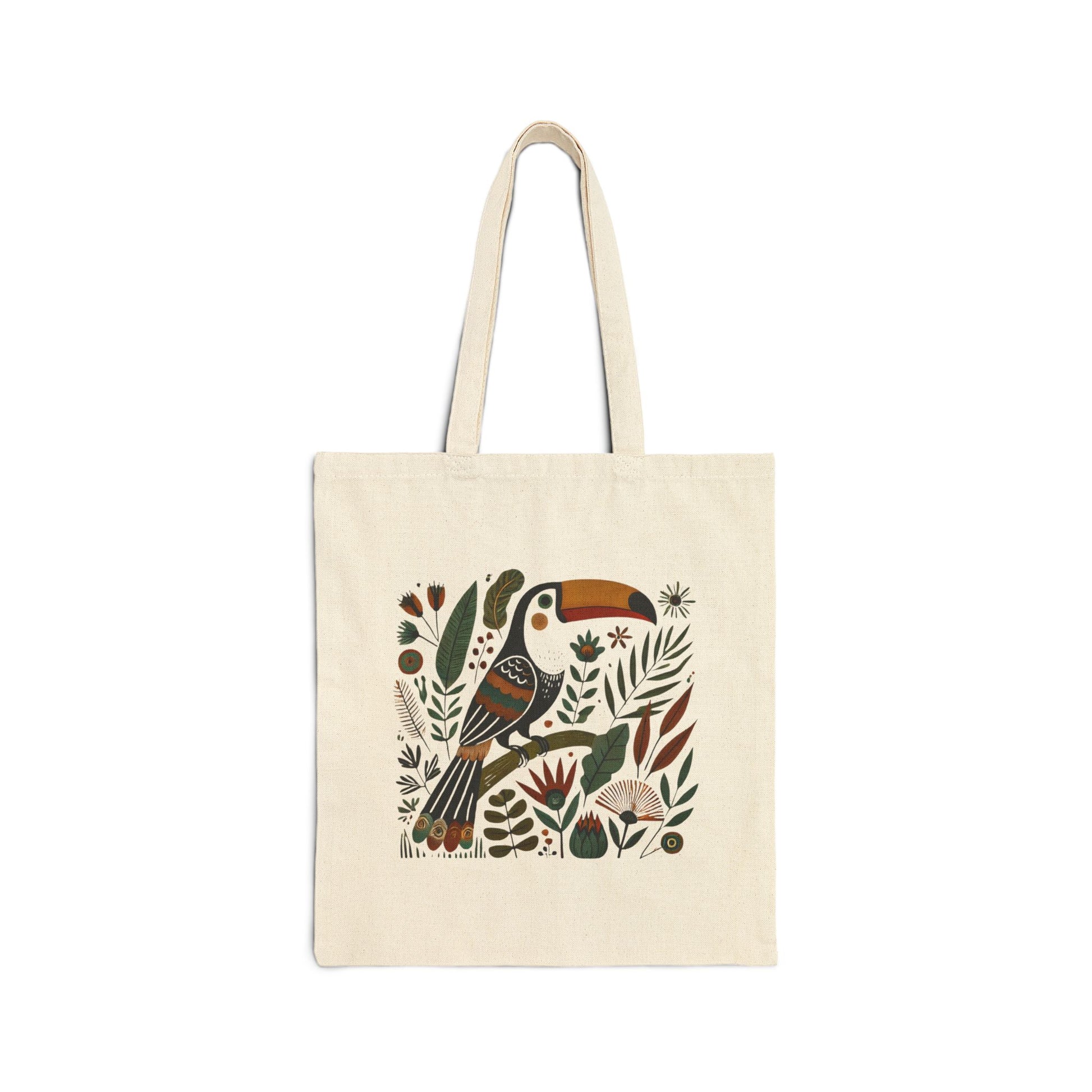 Tropical_toucan_folk_art_tote_bag_styled_in_tropical_setting_colorful_folk_art_canvas_bag