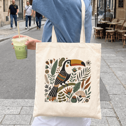 Tropical_toucan_folk_art_tote_bag_styled_in_tropical_setting_colorful_folk_art_canvas_bag