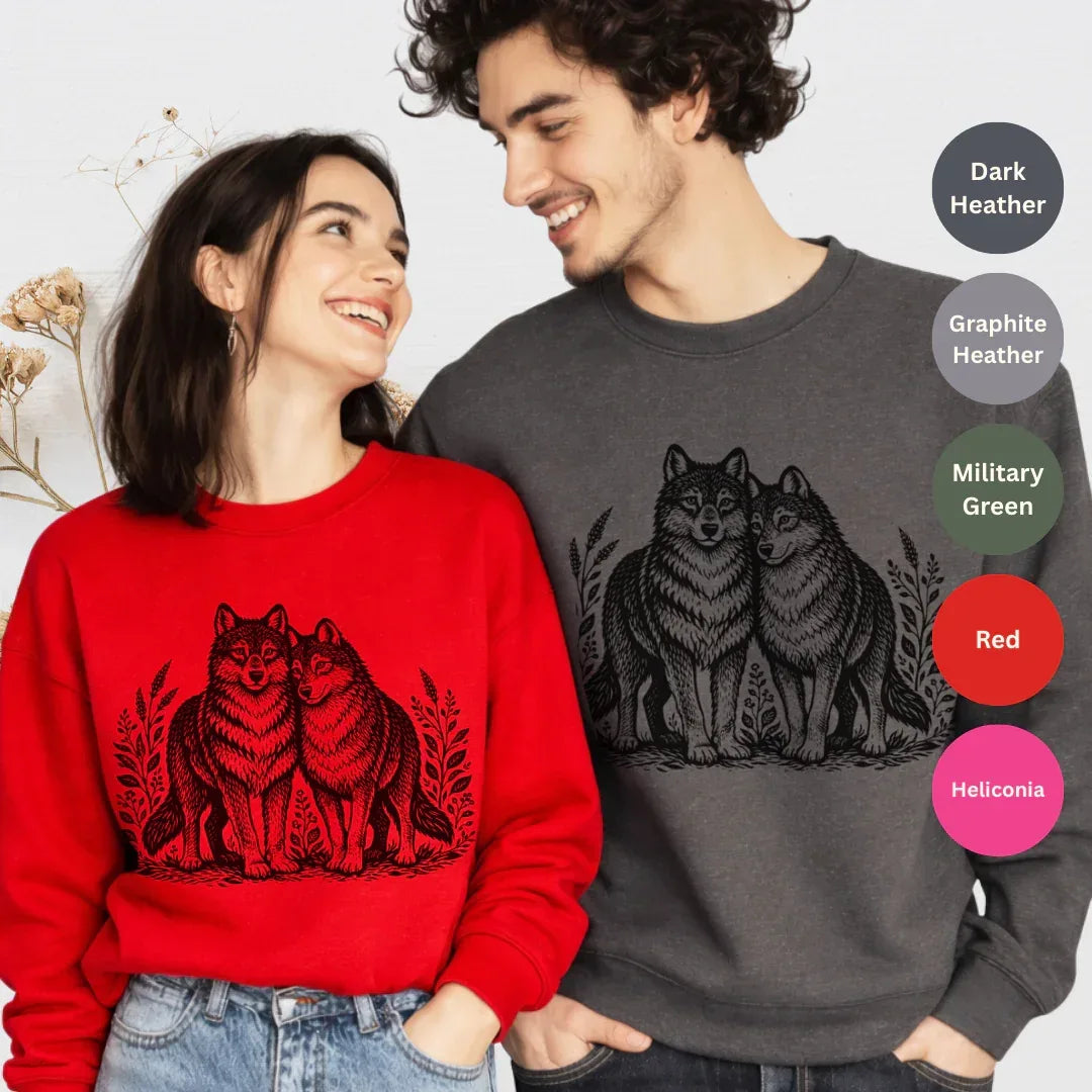 Two Wolves Crewneck Sweatshirt — color options Dark Heather, Graphite Heather, Military Green, Red, Heliconia — Gildan 18000