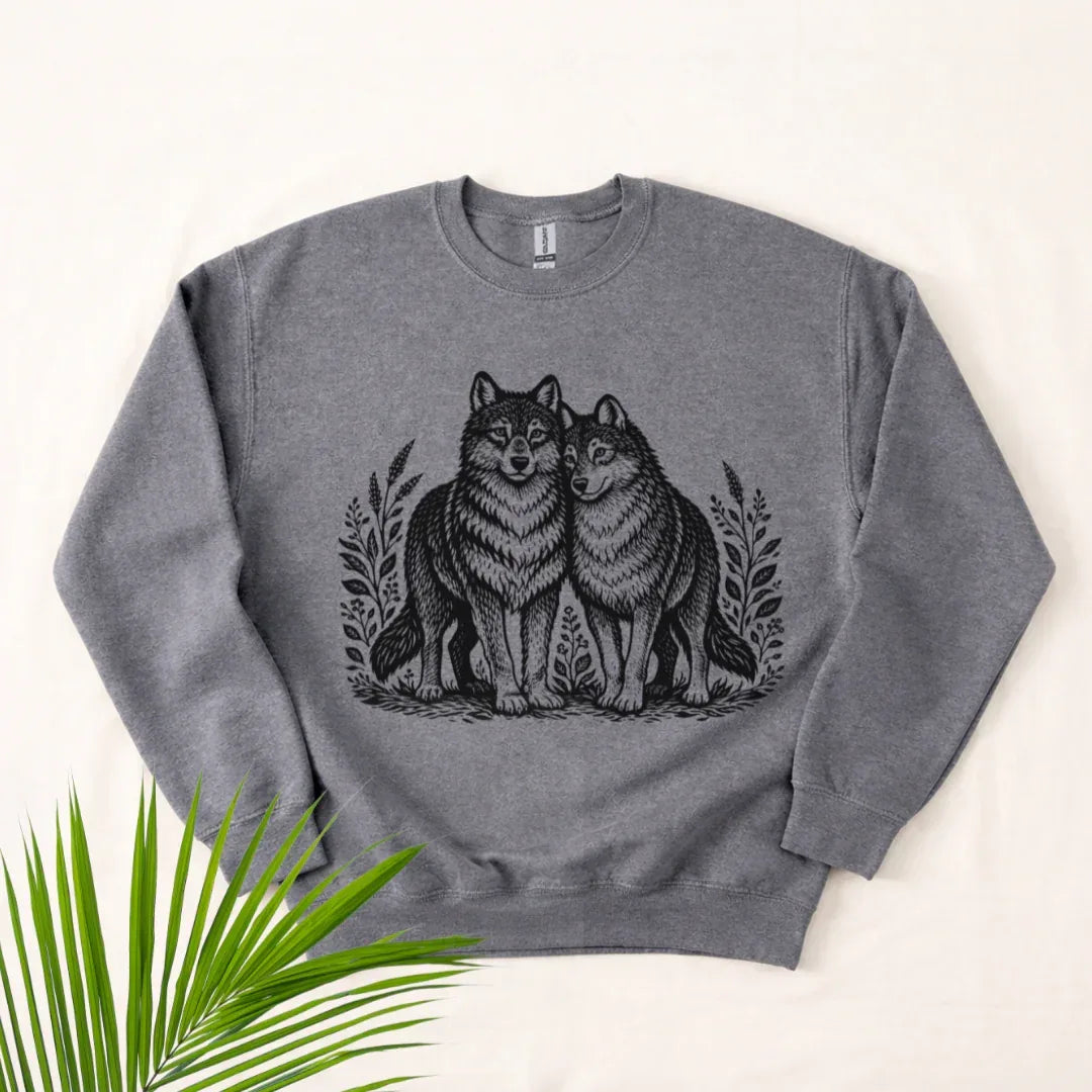 Two Wolves Crewneck Sweatshirt in Dark Heather — two wolves folk art print detail