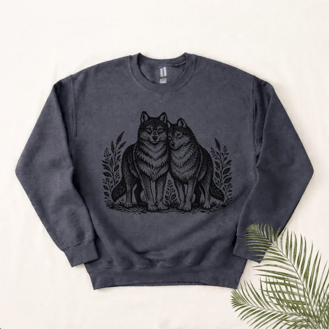 Two Wolves Crewneck Sweatshirt in Graphite Heather — wolf folk art crewneck by The Folk Brush