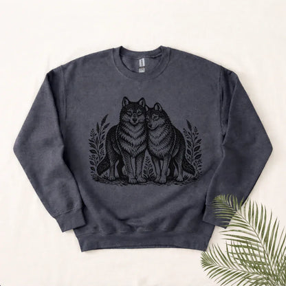 Two Wolves Crewneck Sweatshirt in Graphite Heather — wolf folk art crewneck by The Folk Brush