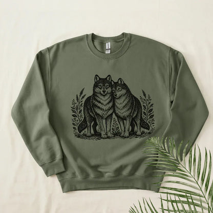 Two Wolves Crewneck Sweatshirt in Military Green — hand-etched wolf folk art crewneck