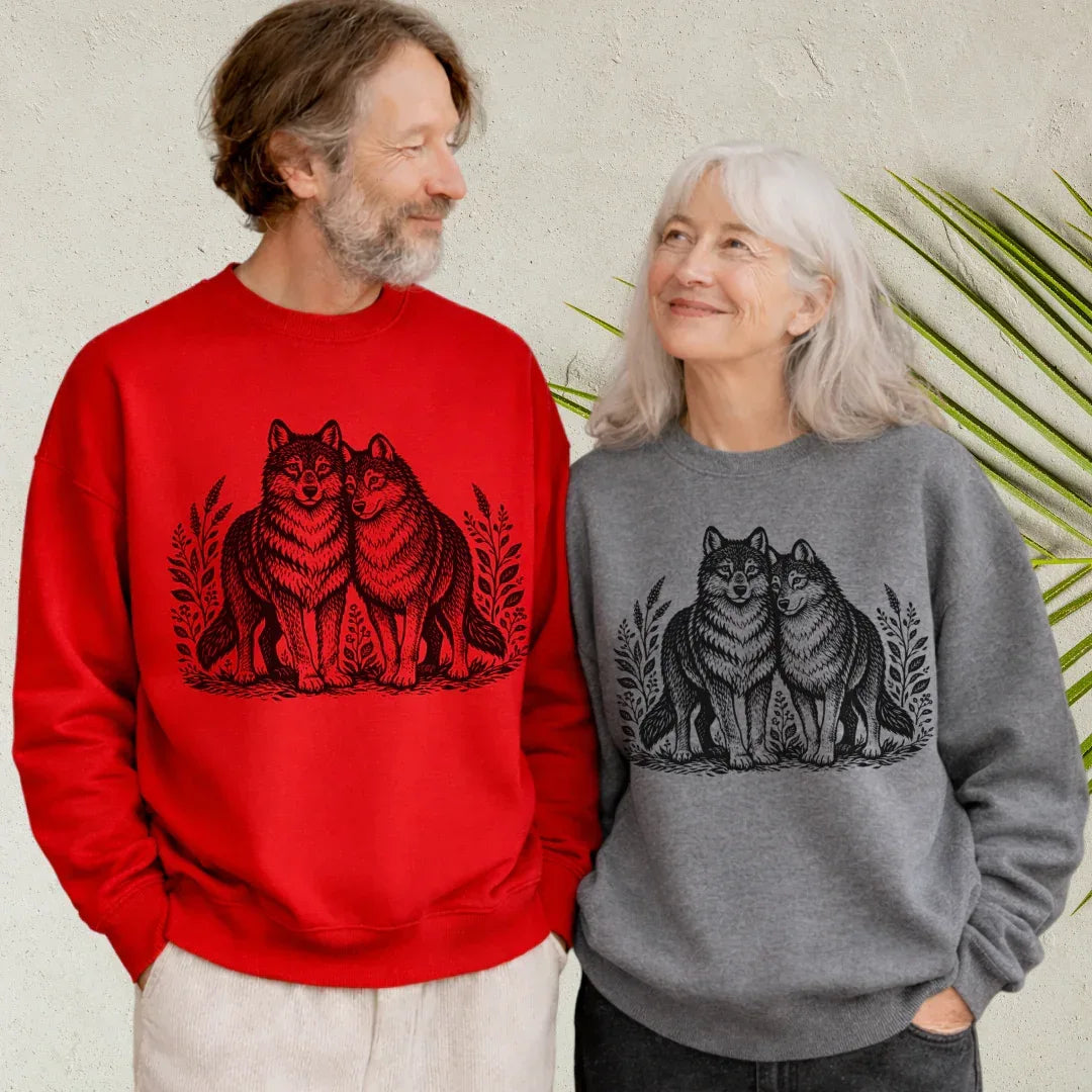 Two Wolves Crewneck Sweatshirt in Red and Dark Heather — matching couple wolf folk art sweatshirt