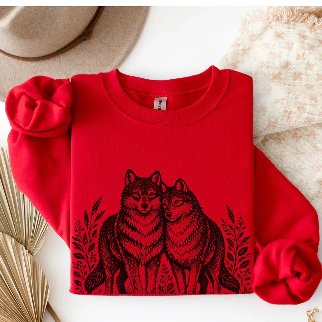 Two Wolves Crewneck Sweatshirt in Red — folk creatures wolf print Gildan 18000