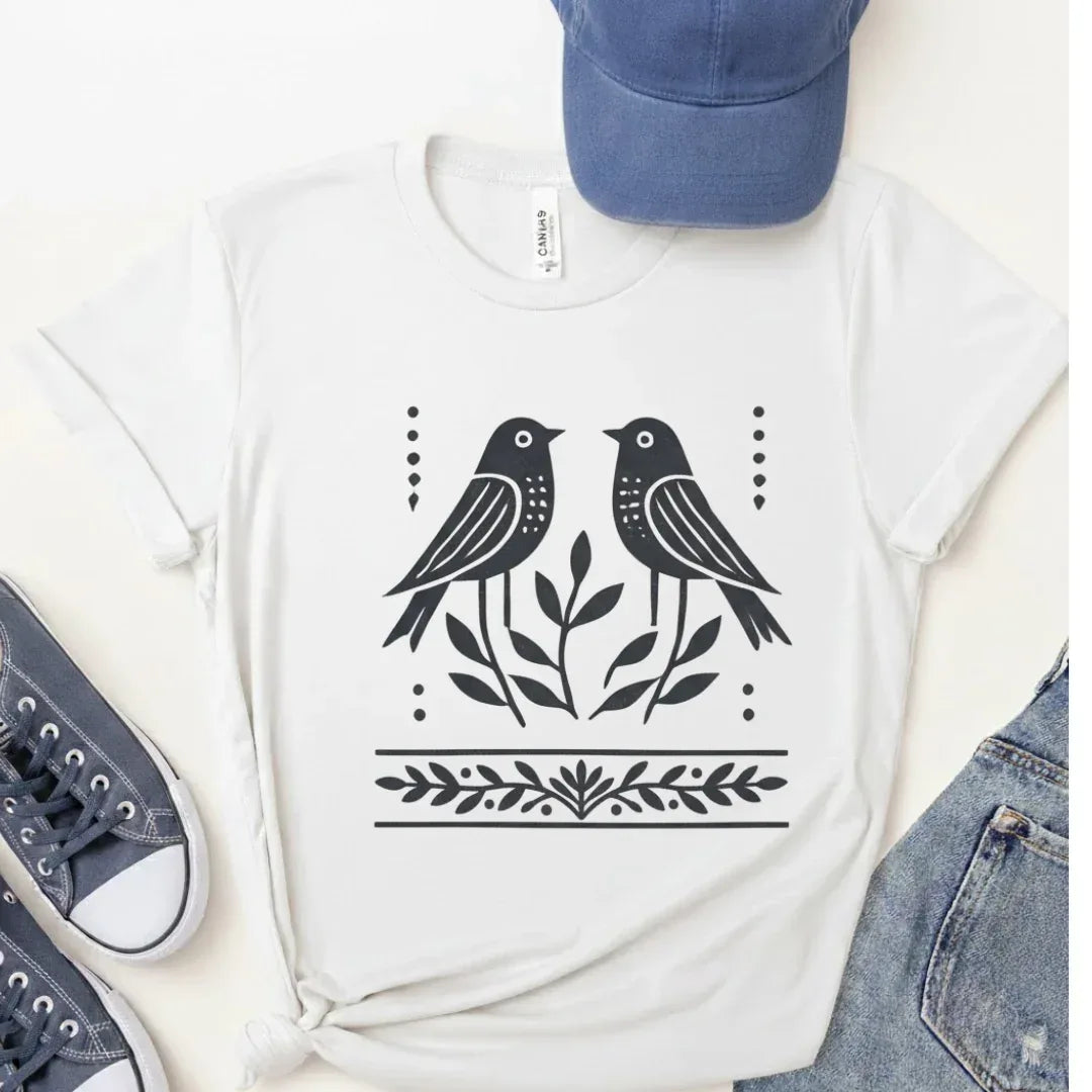 Two folk birds hand-painted Scandinavian print on white cotton t-shirt — folk art tee