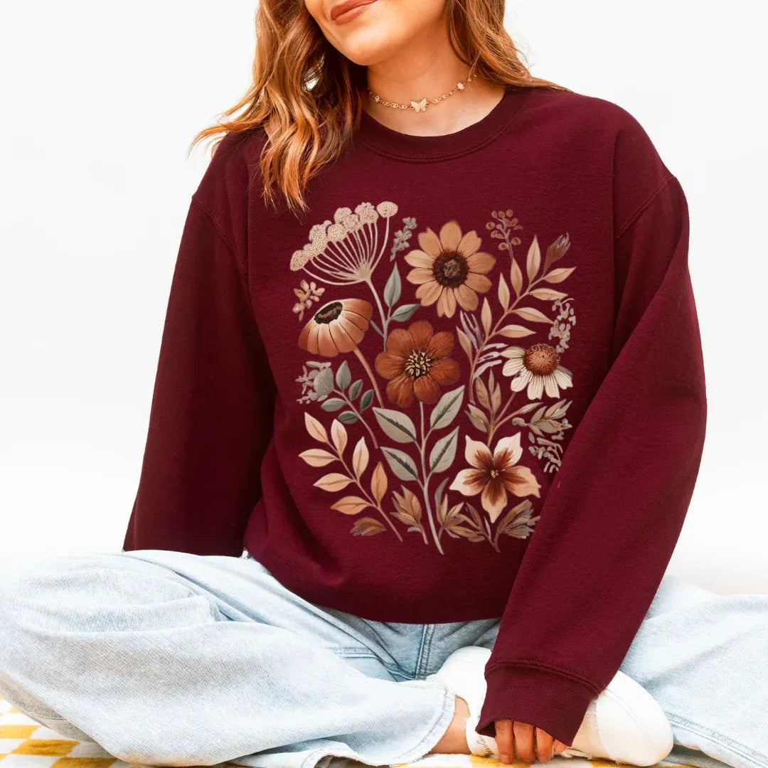 Vintage autumn floral folk sweatshirt in maroon — cozy folk art crewneck for women