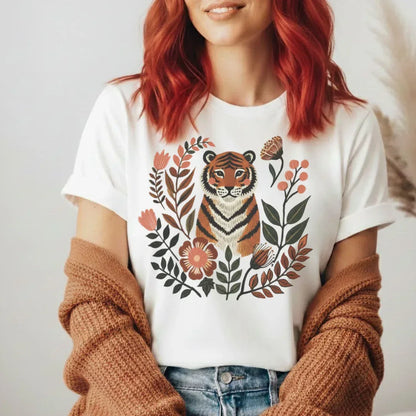 Vintage botanical tiger folk art tee in white — earthy floral tiger graphic shirt styled with cardigan