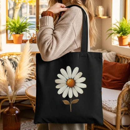 Vintage daisy canvas tote bag styled casually — black folk garden cotton tote for women