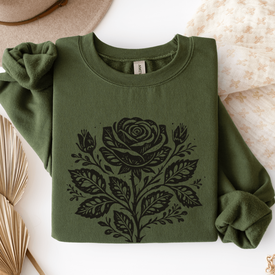 Vintage folk black rose sweatshirt military green Gildan 18000