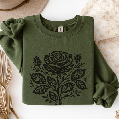 Vintage folk black rose sweatshirt military green Gildan 18000