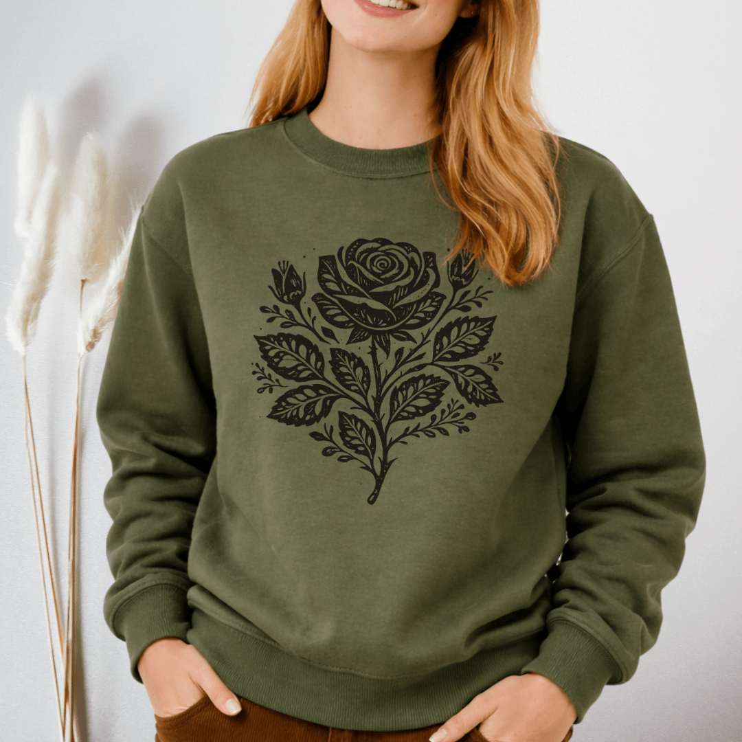 Vintage folk rose sweatshirt military green Gildan 18000