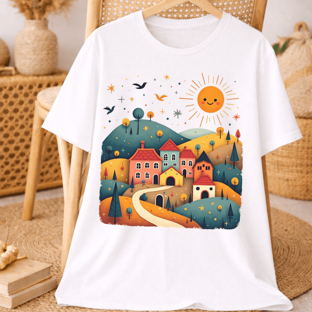 White Bella+Canvas 3001 t-shirt with cheerful sunny village graphic, flat lay