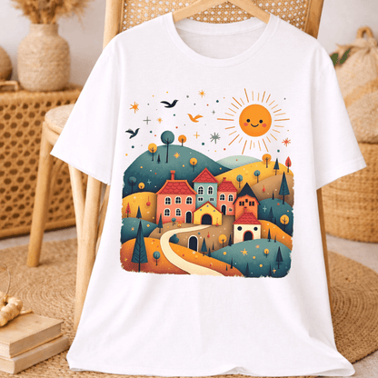 White Bella+Canvas 3001 t-shirt with cheerful sunny village graphic, flat lay