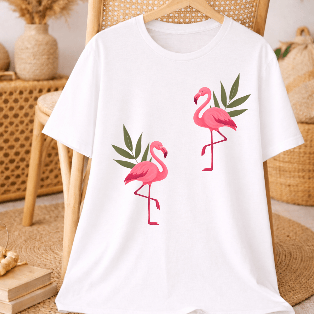 White Bella+Canvas 3001 t-shirt with hand-painted flamingo and tropical foliage design