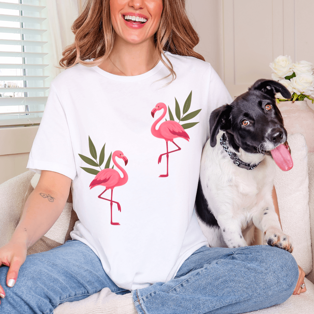 White Bella+Canvas 3001 t-shirt with tropical flamingo print and palm leaves