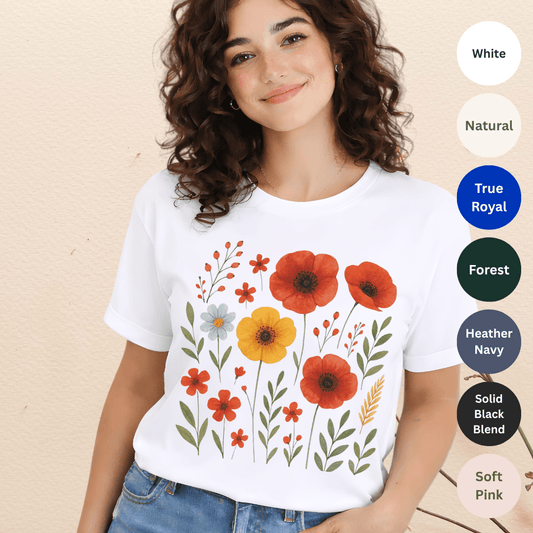 White Bella+Canvas 3001 t-shirt with vintage wildflower meadow graphic featuring poppies and daisies in warm reds and mustard