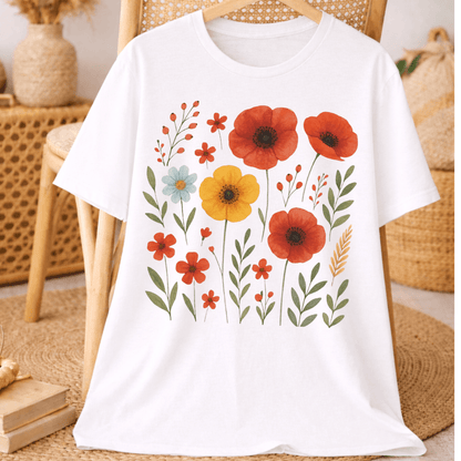 White Bella+Canvas 3001 t-shirt with vintage wildflower meadow graphic, flat lay