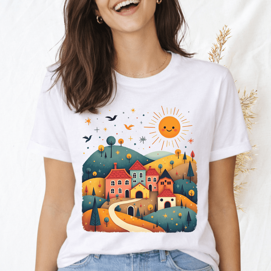White Bella+Canvas 3001 tee with cheerful folk village graphic in warm earthy tones