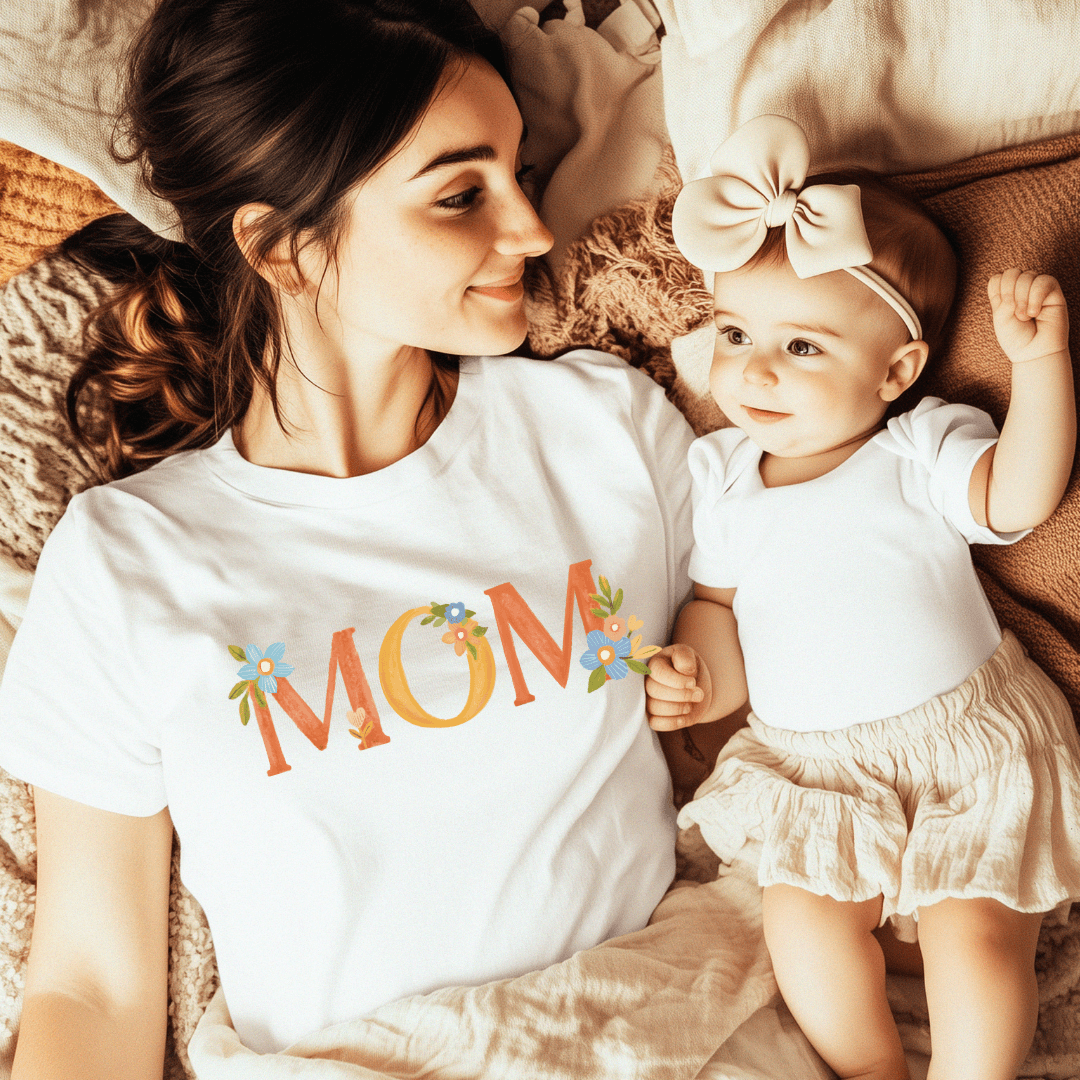 White Bella+Canvas 3001 tee with retro floral MOM graphic